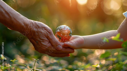 Earth's Legacy in Our Hands: An Elder and Child Share a Symbolic Globe Amidst Nature.