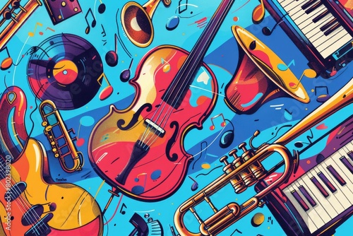 Various musical instruments arranged on a blue background. Suitable for music-related designs