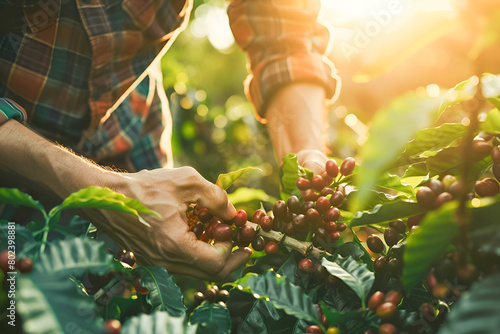 Man picking coffee beans. Harvesting coffee