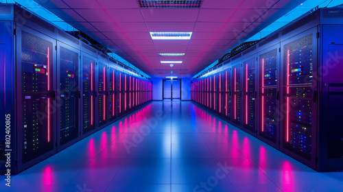 Futuristic Data Center with Neon Lighting and Rows of High-Performance Servers