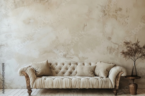 A fur loveseat sofa rests gracefully near an empty beige stucco wall, embodying the minimalist charm of a modern living room interior design