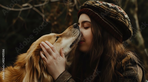 Female hand patting dog head with love and kiss it.