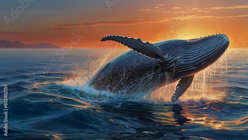 Anime-inspired illustration of a cute whale on a sunset