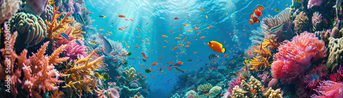 A stunning underwater view of a vibrant coral reef bustling with colorful fish and marine life in a crystal-clear tropical ocean.