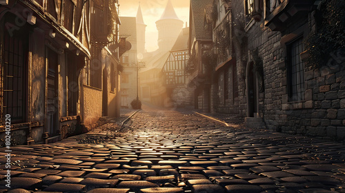 A magical cobblestone street bathed in the golden light of sunrise, with old-fashioned buildings creating a nostalgic atmosphere.