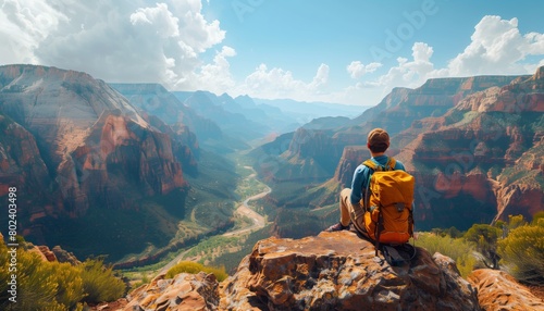 Hiker overlooking vast canyon from rocky ledge with panoramic view