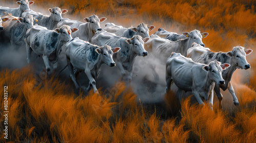 Herd of Cattle Running Across Dry Grass Field