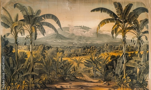 an engraving of an African plantation with tall banana trees wallpaper