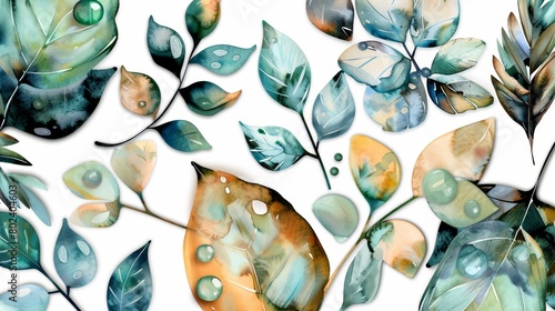 Detailed close-up of assorted vibrant watercolor leaves, featuring realistic droplets and shading, all set against a crisp white backdrop