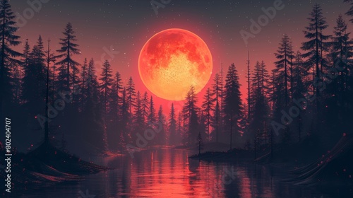 Red Moon Rising Over Lake and Trees. Generative AI