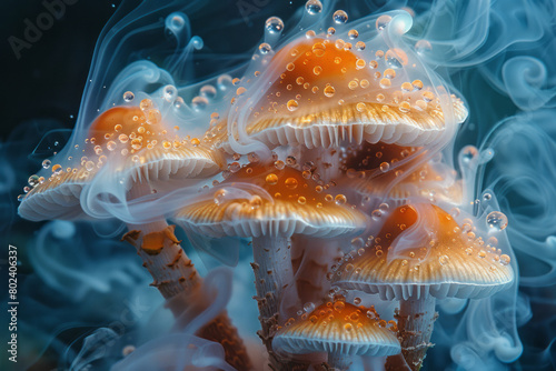 Mushrooms that have transformed into glass sculptures, transparent and filled with swirling colored smoke,