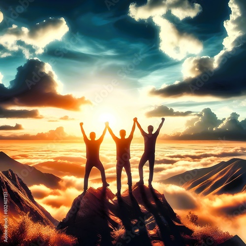 Three people overcome obstacles together, raising their hands in the air on the top of a mountain. Celebrate success and achievement. High definition realistic images.