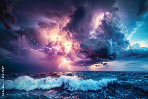 A stormy ocean with a bright purple sky and lightning bolts