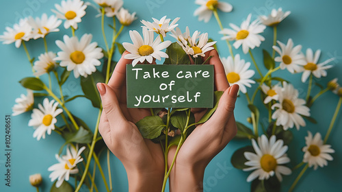 Hands with sign TAKE CARE OF YOURSELF among beautiful array of daisies, symbolizing self-love and care