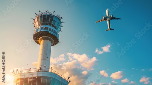 An airplane flying in the sky near an air traffic control tower.