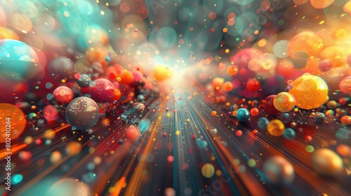 A blur of colorful balls and lights fills the frame, creating a dynamic and vibrant composition