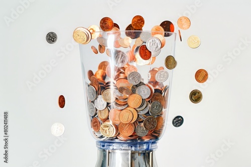 Money in a blender. Conceptual photograph of coins in a transparent pitcher on a white background. Sales, purchase, budgeting, healthy eating.