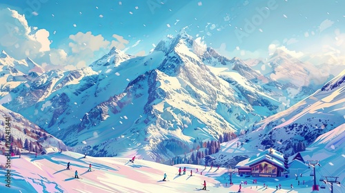 People Skiing on Snowy Mountain. Generative AI