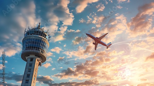 A plane flying in the sky next to a control tower.