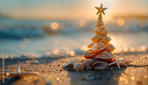 A small seashell Christmas tree on the beach with copy space.