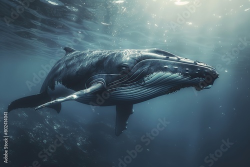 Big whale swims in underwater world