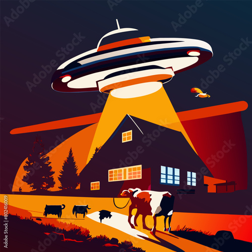 un vaisseau extraterrestre qui enlve une vache, vector illustration flat 2