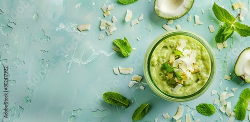 Avocado and mint smoothie in a glass jar with coconut chips on a light blue background.