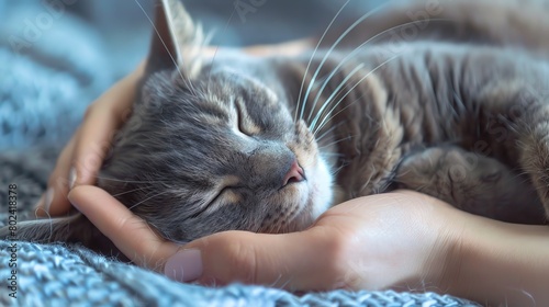 Female hand patting adorable cat head with love