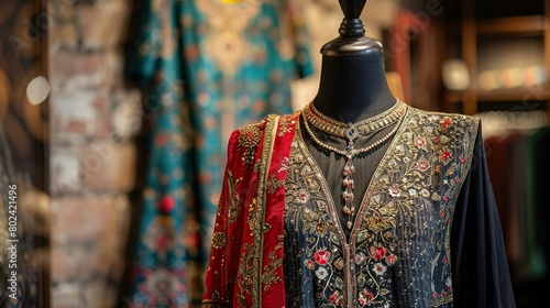 A black dress with gold and silver embroidery is on display in a store.
