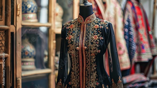 A black dress with gold and silver embroidery is on display in a store.