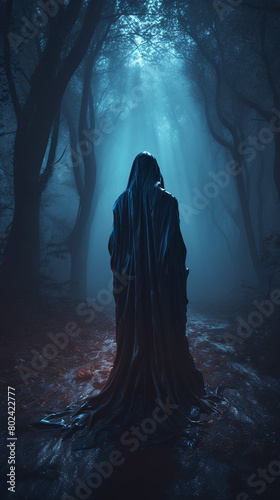 a dark magical creature standing in the dark forest in veil generative ai