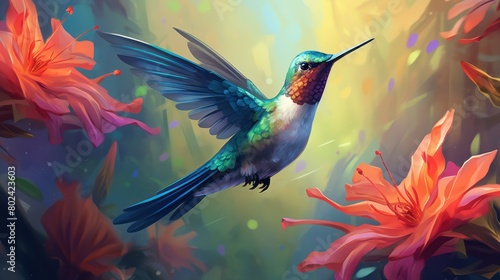 A colorful hummingbird is in flight among vibrant flowers, with its wings outstretched and bright colors shining in the light.