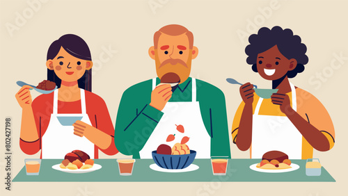 The judges taking their time to taste and rate each dish careful not to lose a single bite of the mouthwatering barbecue from the Juneteenth cookoff.. Vector illustration