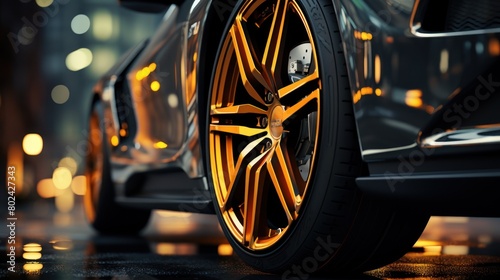 A close-up of a black car wheel with gold rims, parked on a street at night with city lights in the background.