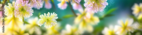Soft focus flowers bathed in sunlight with glistening dewdrops create an abstract background that evokes the freshness of a summer morning.