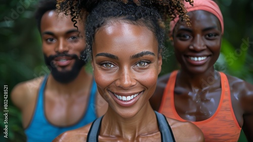 A group of multiethnic friends doing sports together, a happy senior couple jogging outdoors with a black woman and man in their late thirties on a sunny day.