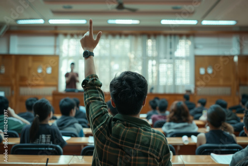 Back view of an Asian man raising his hand to a vista while a teacher gives a lecture in a classroom with students sitting at desks at the university, 