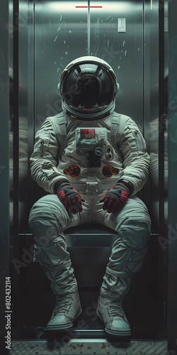 Astronaut sitting inside a spacecraft in a contemplative pose.