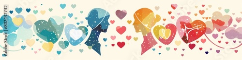 Colorful bright infographic displaying love compatibility between zodiac signs, featuring heart symbols, match percentages, and romantic imagery