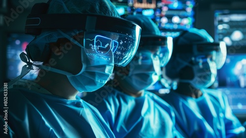 A medical team utilizing AR glasses to collaborate on a complex surgery, accessing real-time guidance and data.