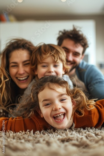 Young family being playful at home. People parent child fun happiness concept, Generative AI