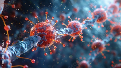 An insightful 3D rendering image showcasing the activation and degranulation of basophils, releasing histamine and other mediators involved in allergic reactions and inflammation