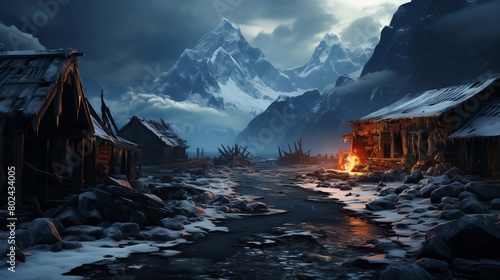 Peaceful stock image of a snowy mountain base camp at twilight, with an explorer uncovering ancient artifacts, combining solitude with valuable finds