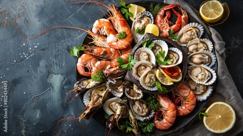 Top view of a prepared seafood platter with a napkin next to it