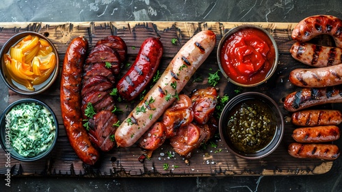 Top view of an assortment of smoked sausages nicely arranged on a wooden platter next to small bowls of different sauces