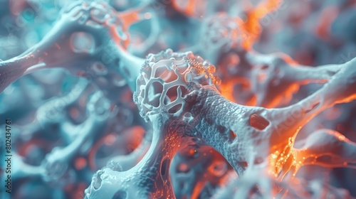 3D rendering image depicting techniques for bone regeneration and tissue engineering, including bone grafts, scaffolds, and stem cell therapies