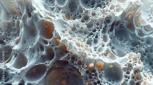 3D rendering image illustrating the microstructure of bone tissue, including compact bone, spongy bone, osteons, and trabeculae