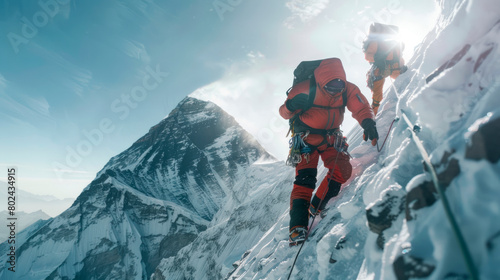 A group of climbers climbs the slope of Mount Everest.