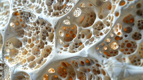 3D rendering image illustrating the microstructure of bone tissue, including compact bone, spongy bone, osteons, and trabeculae