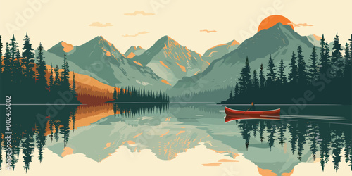  Reflections on a Forested Lake at Sunset, Canoe on Calm Water with Mountain Backdrop